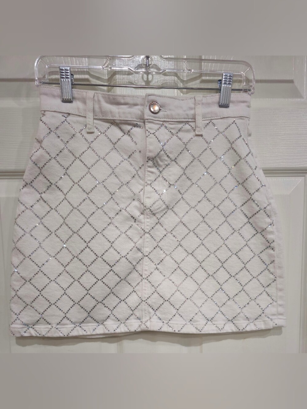 Guess White Denim Mini Skirt with Silver Diamond Grid